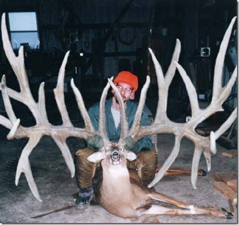 Above is a picture of the new world record whitetail buck.<br /><br />It was taken by the cousin of a co-worker's sister's uncle's best friend's son-in-law's niece's hairdresser's neighbor's ex-boyfriend's oldest nephew. Reportedly it will score 2603-1/8 by B&amp;C standard and was shot near Cashiers, NC on a really windy day, 85 degrees downhill, around a curve at 900 yards with a .22 cal. rifle.<br /><br />Supposedly, this deer had killed a Brahma bull, two Land Rovers, and six Jehovah's Witnesses in the last two weeks alone. They said it was winning a fight with Bigfoot when it was shot. It has also been confirmed that the buck had been seen drinking discharge water from a nuclear power plant.<br /><br />All this has been checked and confirmed by my friends at Snopes.<br /><br />Honestly and Sincerely,<br /><br />Barack H. Obama